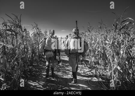 Groupe d'interprètes historiques non identifiés habillés en soldats russe soviétique va le long de la route sur le terrain. Banque D'Images