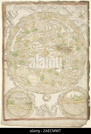 Cette carte allemande du XVe siècle, vers 1480, représente le monde connu avec des détails géographiques, mettant l'accent sur les connaissances cartographiques, la cartographie européenne médiévale et les éléments décoratifs. Banque D'Images