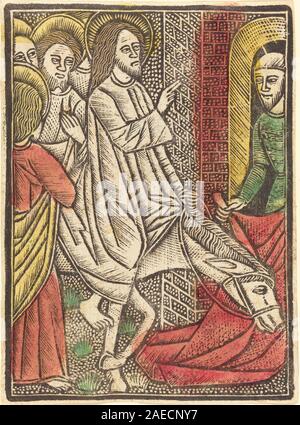 Tableau allemand du XVe siècle datant d'environ 1480 représentant la scène biblique de l'entrée à Jérusalem, montrant le Christ entrant dans la ville avec ses disciples. Banque D'Images
