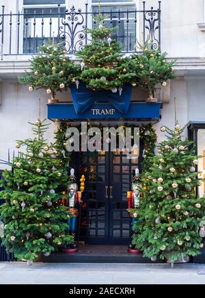 Flanquée d'arbres de Noël, l'entrée de la discothèque Tramp dans Jermyn Street, St James's, London, UK Banque D'Images