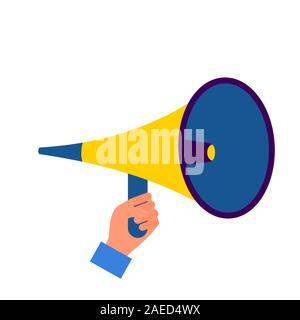 Portrait of human hand holding mégaphone jaune en poing. Concept de marketing du programme de parrainage. Isolé sur fond blanc. Télévision stock style vector Illustration de Vecteur
