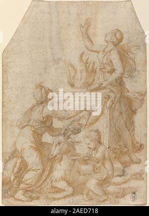 Peinture représentant un rituel sacrificiel avec une chèvre offert à Jupiter, montrant des prêtres, des serviteurs, un autel et des gestes rituels. Attribué à Giulio Romano, illustrant les pratiques religieuses romaines et la mythologie classique. Banque D'Images