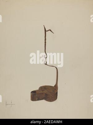 Une lampe Betty en fer forgé fabriquée par H Langden Brown vers 1937. La lampe dispose d'un réservoir peu profond, bec, poignée et ferronnerie décorative typique des dispositifs d'éclairage américains du début du XXe siècle. Banque D'Images