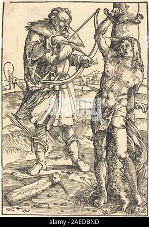 Peinture représentant le martyre de Saint Sébastien, montrant corps percé, expression faciale, flèches, geste, et ses environs. Attribué à Hans Baldung Grien, illustrant le récit religieux de la Renaissance allemande du début du XVIe siècle Banque D'Images