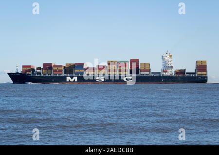 Porte-conteneurs MSC ALICANTE sur l'Elbe. Le SMC est la deuxième plus importante compagnie de navigation maritime en termes de conteneurs de capacité. Banque D'Images