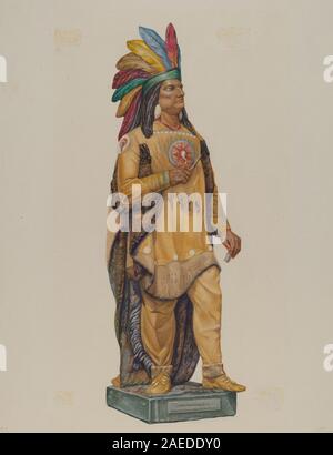 Figurine indienne Cigar Store réalisée entre 1935 et 1942 par Harriette Gale. La sculpture en bois sculpté montre des détails peints, des vêtements traditionnels et de l'artisanat du début du XXe siècle pour une exposition commerciale. Banque D'Images
