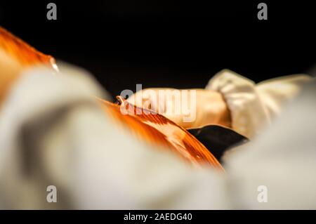 Maître luthier violon fabricant vernissage d'un luth à cordes de violon fait à la main comme touche finale pour terminer sa création dans son atelier de Cremona, Lombardie Banque D'Images