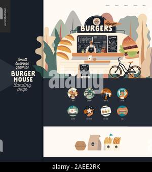 Burger House - small business graphics - landing page - modèle de conception de télévision moderne concept vector illustration d'un hamburger street food truck van, se Illustration de Vecteur