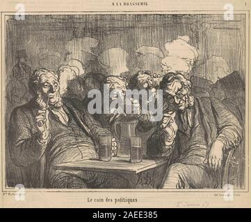 Une lithographie du XIXe siècle d'Honoré Daumier intitulée « le coin des politiques », montrant des personnalités politiques qui interagissent, avec des gestes, des vêtements, des postures, des expressions, et contexte social de la période. Banque D'Images