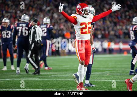 Foxborough, United States. Le 08 mai 2019. Kansas City Chiefs free safety Juan Thornhill (22) célèbre dans les dernières minutes contre les New England Patriots au Stade Gillette à Foxborough, Massachusetts le Dimanche, Décembre 8, 2019. Les chefs patriotes la défaite 23-16. Photo de Matthew Healey/UPI UPI : Crédit/Alamy Live News Banque D'Images