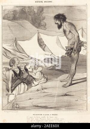 Une lithographie de 1842 d'Honoré Daumier représentant Ulysse présenté à Nausicaa, montrant des figures, des gestes, des expressions faciales, des vêtements d'époque, posture et décor classique reflétant le récit de la mythologie grecque. Banque D'Images