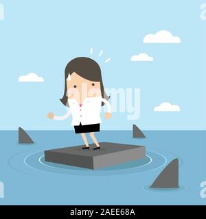 Businesswoman standing on serviette à la mer et entouré par des requins. vector Illustration de Vecteur