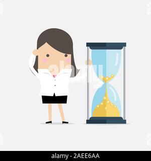Businesswoman est à la recherche de pièces d'or avec Hourglass. Le temps est argent. Illustration de Vecteur