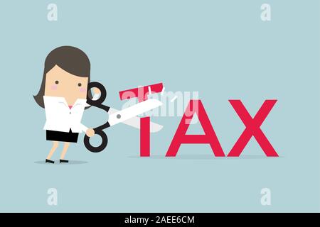 Businesswoman with scissors cutting big T lettre vector illustration. Réduire des concept d'entreprise. Illustration de Vecteur