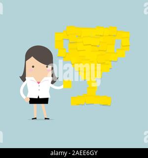 Businesswoman with trophy cup yellow sticky notes. Illustration de Vecteur