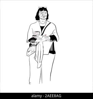 Senior lady avec petit sac tenant une tasse de café et le téléphone mobile - vector illustration Illustration de Vecteur