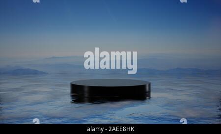 Un socle noir sur la surface de la mer. Dans le brouillard des montagnes en arrière-plan. 3D illustration. L'espace vide pour vos produits Banque D'Images