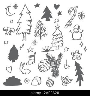 Dessiné à la main des éléments de conception florale pour Noël : pine tree branches, houx, gui et autres ornements floraux pour décoration du texte Illustration de Vecteur