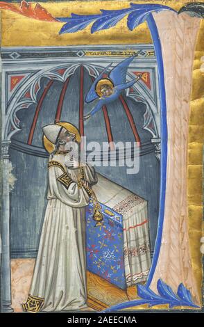 Peinture de c. 1400 Italie représentant l'Annonciation à Zacharie. La scène comprend ange, Zacharias, intérieur domestique, gestes, vêtements d'époque, et symbolisme religieux illustrant le début de la Renaissance dévotionnel compris Banque D'Images