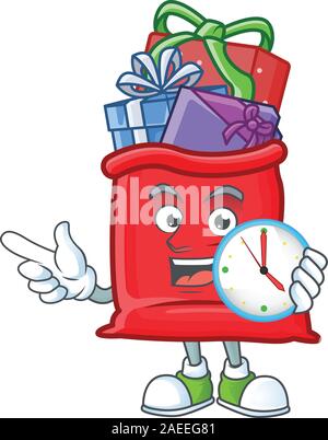 Avec horloge smiling santa sac plein de style cartoon mascot cadeaux Illustration de Vecteur