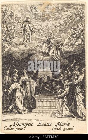 Créée en 1630 ou après, cette gravure de Jacques Callot représente l'Assomption de la Vierge, montrant la Vierge Marie ascendante entourée d'anges, avec des figures expressives et un symbolisme religieux. Banque D'Images