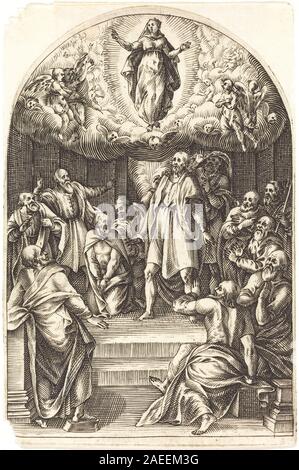 'L'Assomption' de Jacques Callot, 1608-1611, représente la Vierge Marie montant au ciel entourée d'anges. La gravure met l'accent sur la composition, le geste, l'iconographie religieuse et les détails artistiques baroques, reflétant la dévotion mariale au début du XVIIe siècle. Banque D'Images