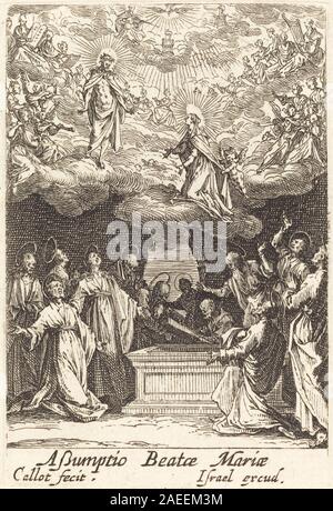 L'Assomption de la Vierge, créée par Jacques Callot en 1630 ou après, représente la Vierge Marie assumée au ciel. La gravure met l'accent sur les robes fluides, les gestes expressifs et les figures environnantes, reflétant les conventions de l'art religieux chrétien du XVIIe siècle. Banque D'Images