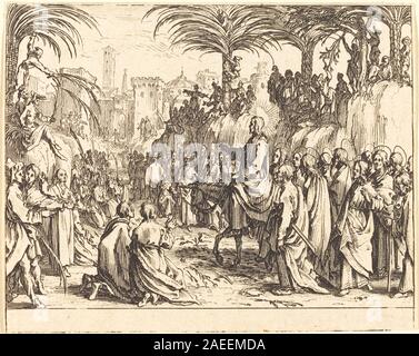 Cette gravure de 1635 de Jacques Callot représente l'entrée à Jérusalem, montrant Christ sur un âne entrant dans la ville avec des disciples et des foules, mettant l'accent sur les gestes, les draperies et la composition spatiale. L'œuvre illustre le récit religieux européen du début du XVIIe siècle et la représentation urbaine. Banque D'Images