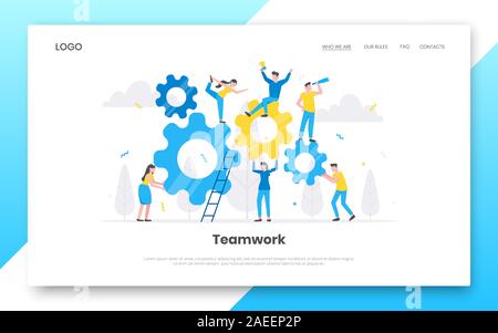 Business Internet landing page concept modèle. Concept d'équipe avec de petits caractères des gens travaillant ensemble avec de grandes vitesses des roues de style cog Illustration de Vecteur