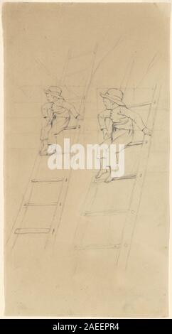 Une œuvre de James Goodwyn Clonney intitulée Studies of a Boy on a Ladder, créée entre 1840 et 1850, montrant des études axées sur un garçon positionné sur une échelle. La légende enregistre le sujet et la plage de dates. Banque D'Images