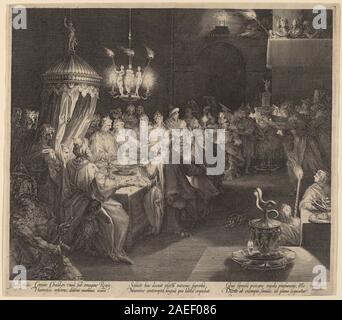 Représente la fête de Belschazzar vers 1598, montrant le banquet biblique, les figures royales, l'intérieur opulent et des éléments symboliques soulignant le récit du Livre de Daniel. Banque D'Images