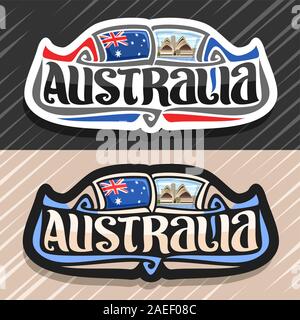 Logo vectoriel pour l'Australie, pays aimant frigo avec drapeau d'état australien d'origine, caractère brosse pour mot l'Australie et Australian National cote Illustration de Vecteur