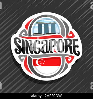 Logo Vector pour Singapour, pays aimant frigo avec drapeau, pinceau original typeface pour mot Singapour et symbole national - resort hotel Marina Illustration de Vecteur