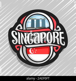 Logo Vector pour Singapour, pays aimant frigo avec drapeau, pinceau original typeface pour mot Singapour et symbole national - resort hotel Marina Illustration de Vecteur