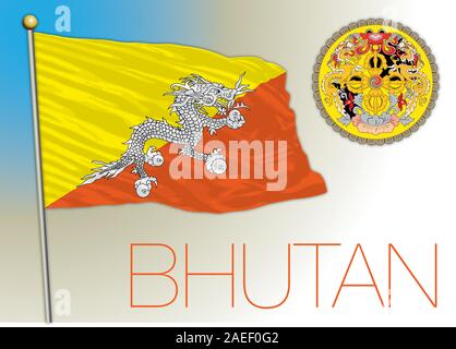 Bhoutan drapeau national officiel et d'armoiries, vector illustration, asiatique, Illustration de Vecteur