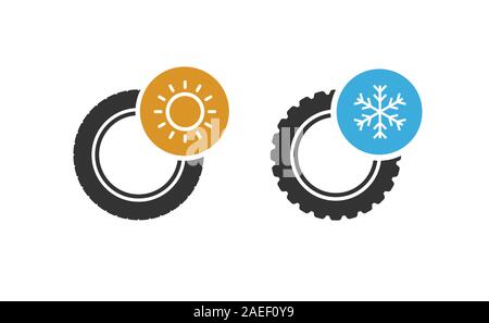 Location de roues avec pneus d'été et d'hiver. Pneus d'hiver et d'été avec des symboles flocon Illustration de Vecteur