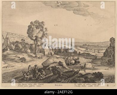 Une œuvre de Jan van de Velde II intitulée juillet, représentant des images associées au mois de juillet. La légende enregistre le sujet et le titre. Banque D'Images