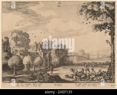 Œuvre de Jan van de Velde II représentant une scène pour le mois de juin, montrant des figures, des paysages, des éléments saisonniers et une composition. Banque D'Images