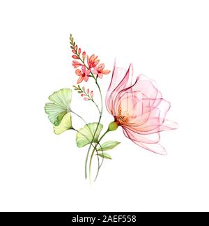 Freesia rose transparent avec des fleurs et des feuilles. Aquarelle composition florale isolé sur blanc. Illustration peinte à la botanique pour mariage Banque D'Images