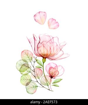 Arrangement floral rose transparent de pétales de fleurs, battant et branche d'eucalyptus. Dessiné à la main à l'Aquarelle illustration isolé sur blanc pour mariage Banque D'Images