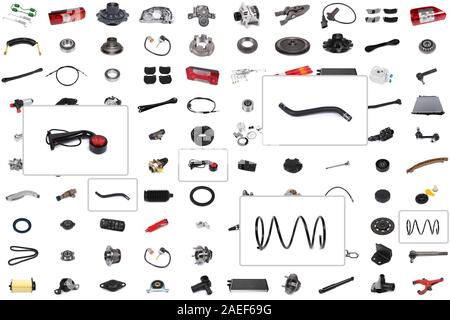 Collage de diverses pièces automobiles pour les voitures et les camions avec un accent sur trois parties:ressort amortisseur, feu de position, tuyau de refroidissement. Banque D'Images