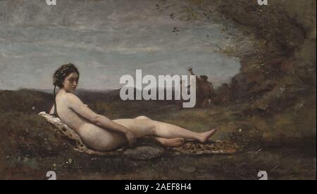 La peinture de Jean-Baptiste-Camille Corot 'le repos' représente une figure au repos dans un paysage, montrant la posture assise, la lumière naturaliste, les arbres environnants, l'eau, et perspective atmosphérique. Banque D'Images