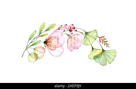 Aquarelle rose arch isolé sur blanc. Fleurs et feuilles transparentes en demi-couronne la composition. Fleurs de mariage d'illustration botanique Banque D'Images