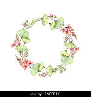 Couronne de fleurs Aquarelle avec freesia fleurs, feuilles et la place pour le texte. Botanique coloré illustration peinte à la main. Composition circulaire isolé Banque D'Images