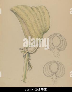 Design de Jessie M. Benge intitulé 'Bonnet', circa 1936, représentant un accessoire de coiffure pour femmes, mettant l'accent sur la forme, le matériau, les détails décoratifs, le style, et le contexte de la mode du début du xxe siècle. Banque D'Images