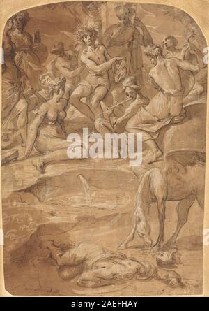 L'estampe de Johann Christoph Storer vers 1650 représente Apollon et les Muses sur le mont Parnasse, montrant des figures, des gestes, des instruments et un cadre mythologique classique. Banque D'Images