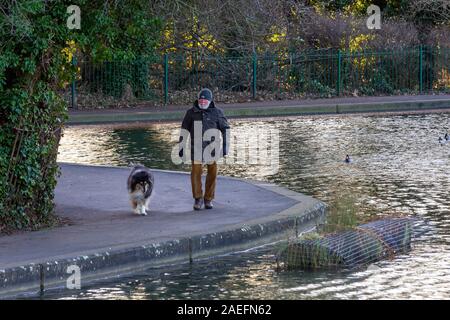 Northampton, Royaume-Uni, météo, 9 décembre 2019, d'un matin ensoleillé dans la région de Abington Park avec un vent frisquet. donc ce chien walker est enveloppé contre le froid. Credit : Keith J Smith./Alamy Live News Banque D'Images