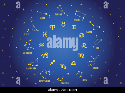 Les signes du zodiaque d'or, symboles de l'horoscope d'or, des étoiles dans le ciel bleu, vector icon set Illustration de Vecteur