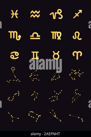 Les signes du zodiaque d'or, horoscope, symboles d'or sur fond noir vector vector icon set Illustration de Vecteur