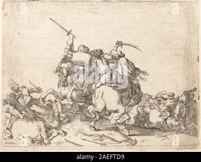 La gravure de 1635 de Johann Wilhelm Baur présente une série de scènes de bataille imaginatives, montrant cavalerie, infanterie, fumée, armes, et des éléments de paysage. Banque D'Images